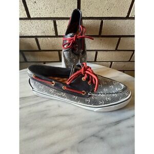 Sperry Top-Sider Women 8M Silver Sequin Anchor Boat Shoes Navy Red Nautical